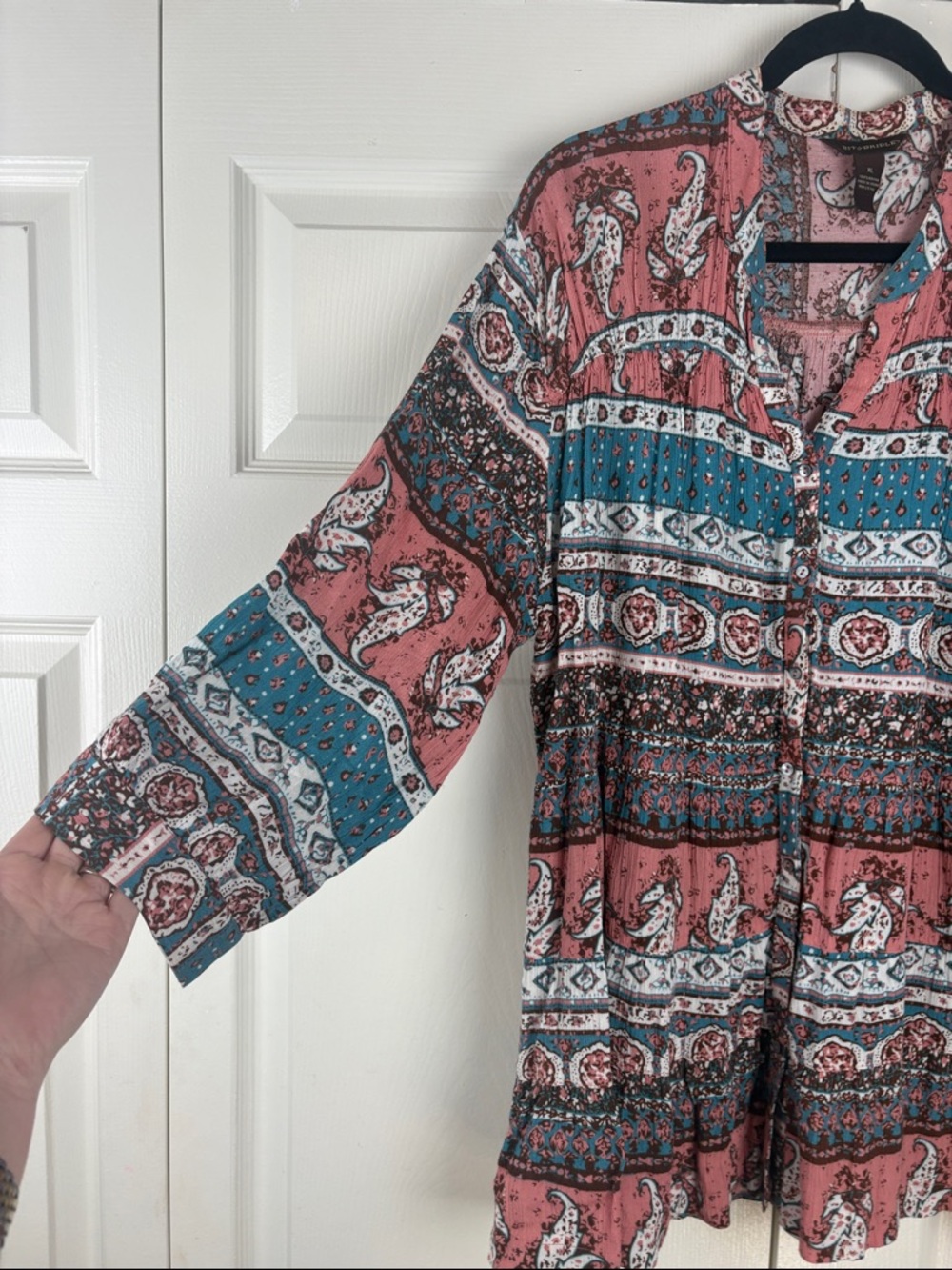Bit &Bridle Boho Paisley Peplum Blouse XL Flowy Festival Top Pink Teal - Picture 3 of 8